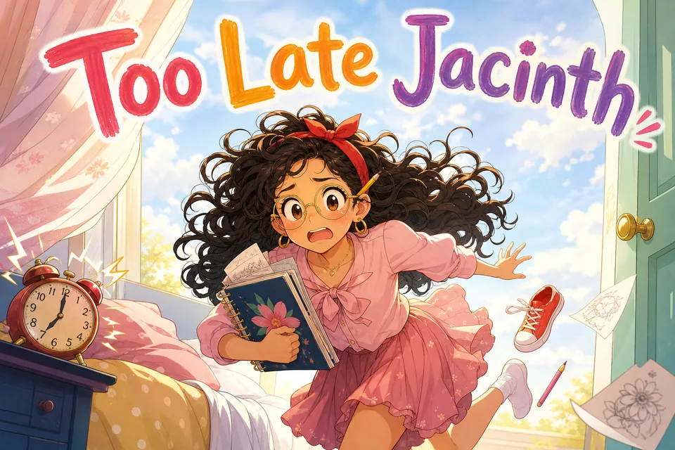 Cover of Too Late Jacinth: a girl with curly hair rushes out of bed past a ringing alarm clock