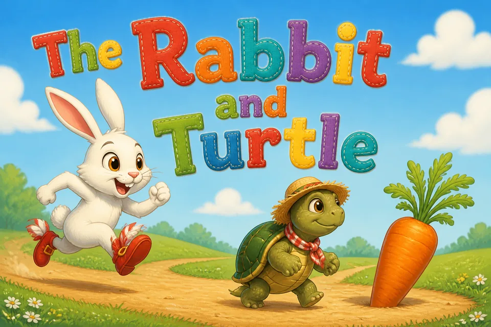 Cover of The Rabbit and Turtle: a rabbit races past a turtle in a straw hat toward a giant carrot