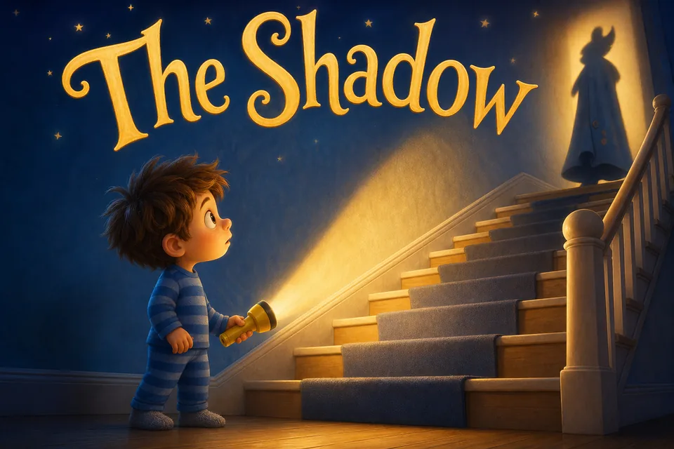 Cover of The Shadow: a boy in striped pyjamas shines a torch up a staircase at a tall shadow