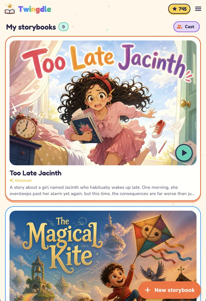 The Twingdle app's storybook shelf, showing the covers of Too Late Jacinth and The Magical Kite