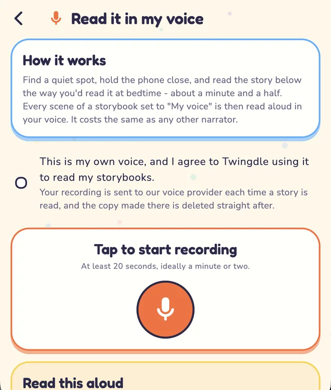 Read it in my voice: how it works, the consent checkbox, and a big record button