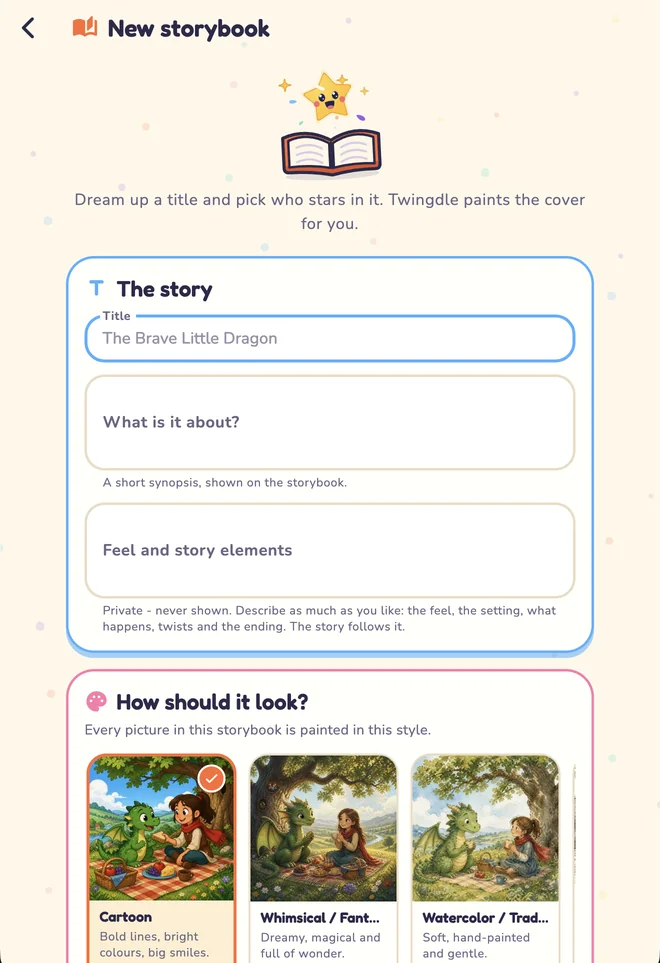 New storybook screen with a title, a short synopsis, a private feel and story elements box, and art style choices
