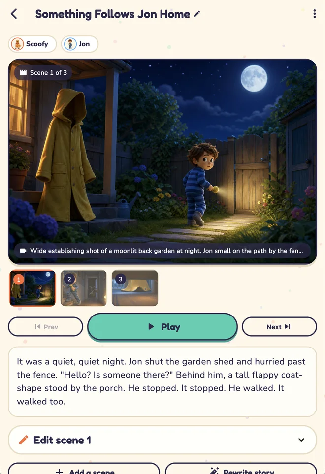 Episode screen with scene thumbnails, Play button, the scene's text, and Edit scene, Add a scene and Rewrite story buttons