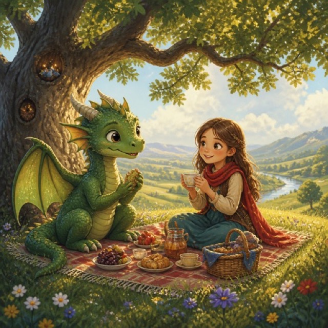 Whimsical fantasy style illustration of a picnic